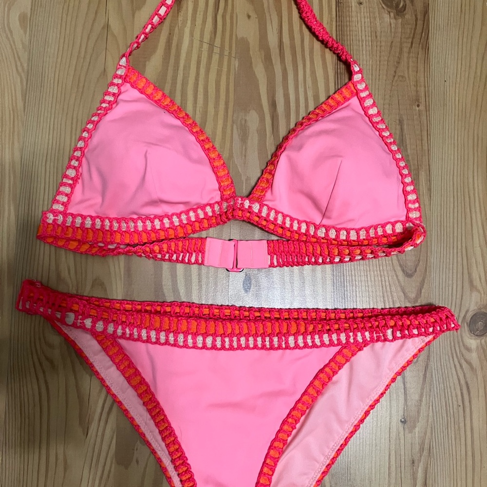 Victoria’s Secret Size Large Two-Piece Bikini Pink With Crocheted Accent